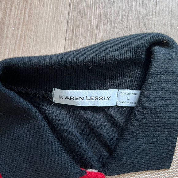 Karen Lessly Large Button Down Sweater Colorblock Black/Tan/Red 100% Acrylic - Picture 3 of 8